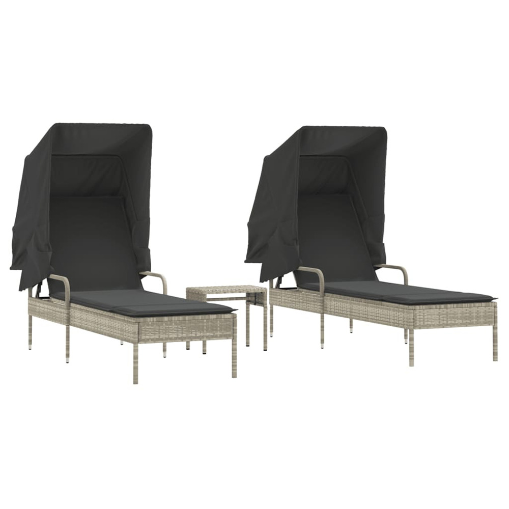Chaises longues lot de 2 avec auvents et table gris clair rotin