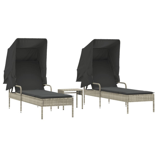 Chaises longues lot de 2 avec auvents et table gris clair rotin