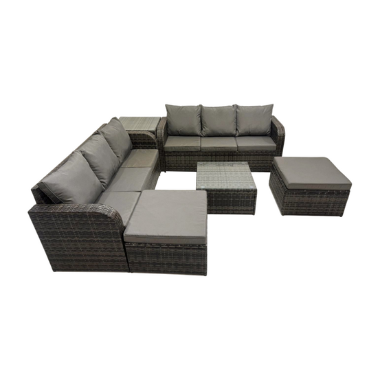 8 places salon de jardin exterieur avec canapés table basse carrée 2 grand tabourets table d'appoint gris foncé mixte