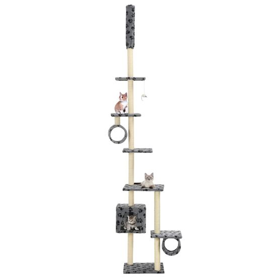 Arbre à chat géant 260 cm en sisal avec niches et jouets gris motif pattes