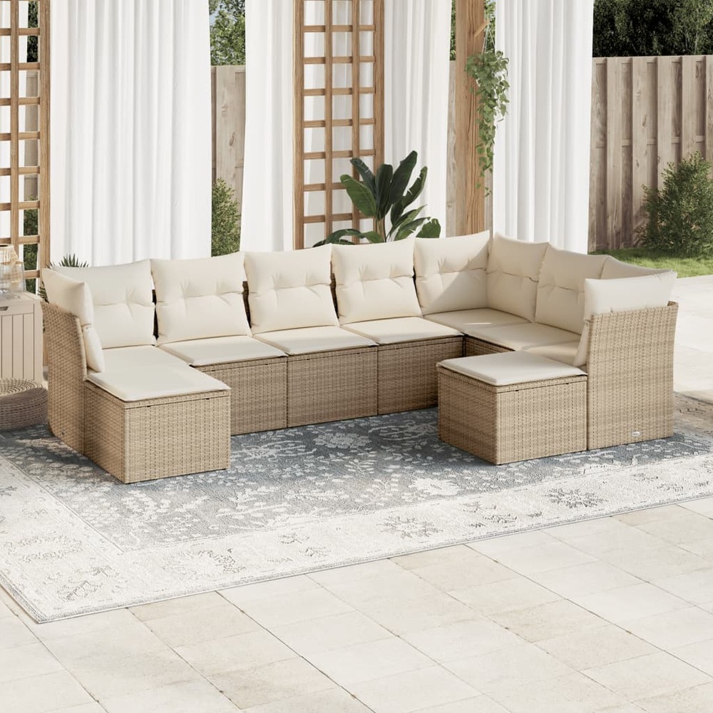 Salon de jardin avec coussins 9 pcs beige résine tressée