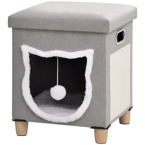 Niche chat grattoir pouf 3 en 1 design porte tête de chat - coussin bouclette amovible inclus - tissu gris