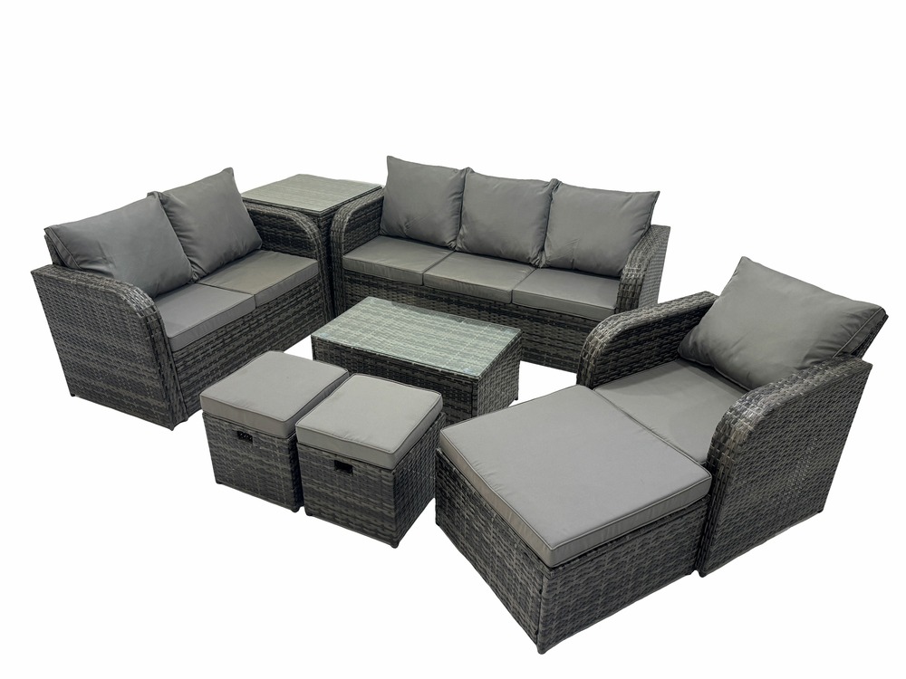 Ensemble de meubles de jardin en polyrotin 8 pièces avec table basse rectangulaire canapé d'amour 3 tabourets table d'appoint