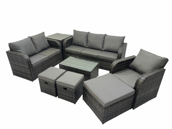 Ensemble de meubles de jardin en polyrotin 8 pièces avec table basse rectangulaire canapé d'amour 3 tabourets table d'appoint