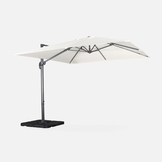 Parasol déporté carré 3x3m haut de gamme excentré inclinable rotatif à 360° + lot de 4 dalles à lester 50x50cm