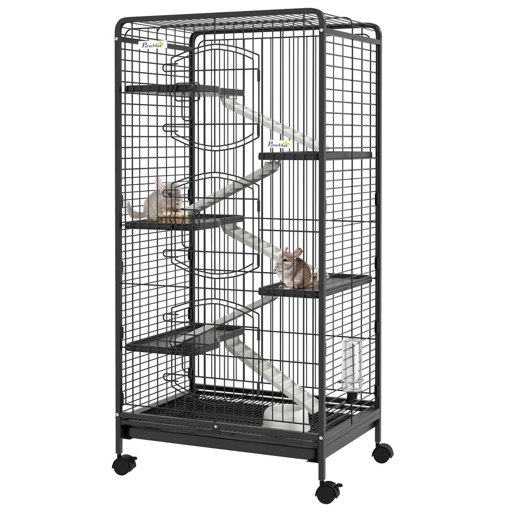 Grande cage rongeur métal multi-plateformes 6 niveaux avec roues 61x44x131cm noir