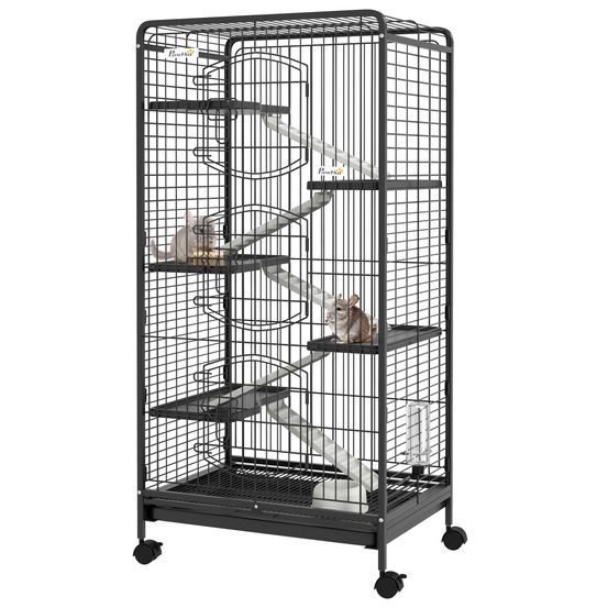 Grande cage rongeur métal multi-plateformes 6 niveaux avec roues 61x44x131cm noir