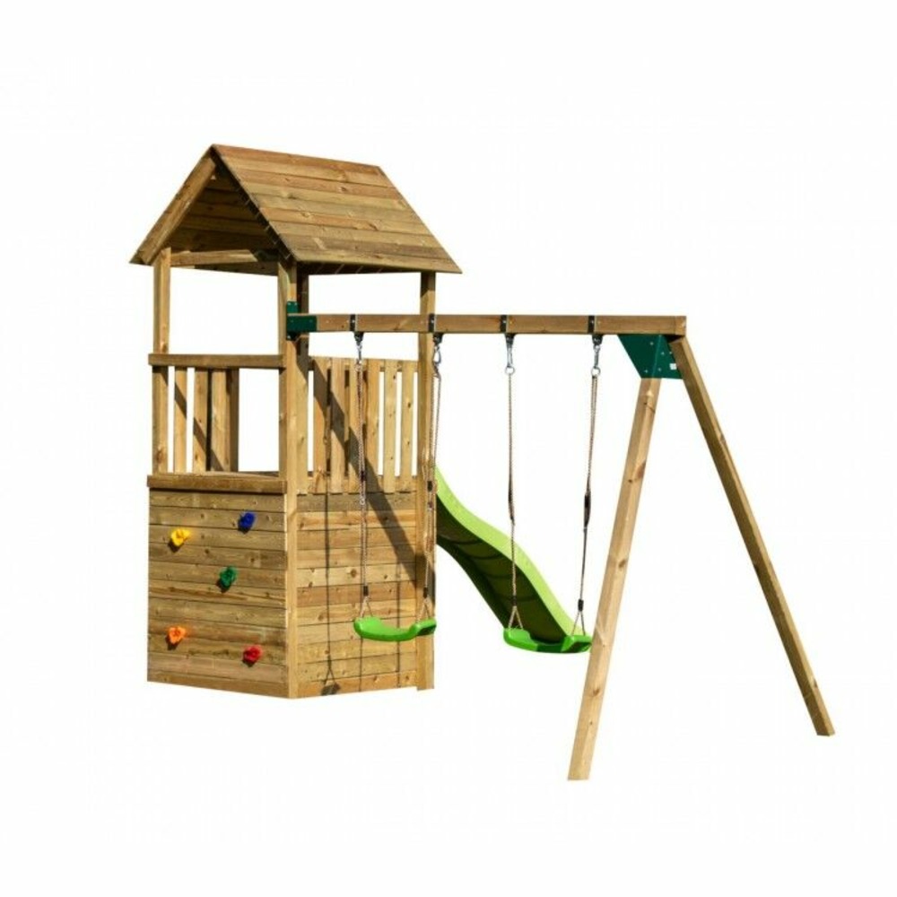 Aire de jeux masgames tibidabo l toit en bois avec balançoire maison avec escalade : maison à la base et mur d'escalade