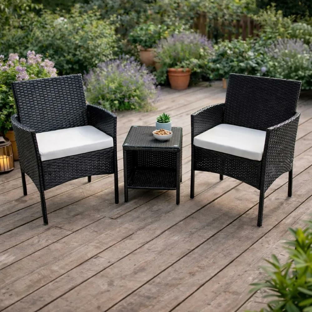 Salon de jardin 2 fauteuils et table basse tressée noir