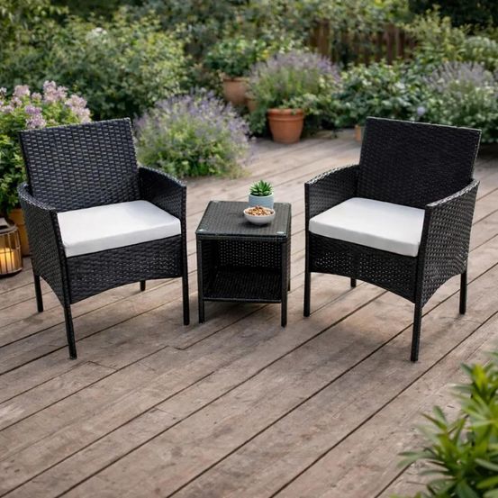 Salon de jardin 2 fauteuils et table basse tressée noir