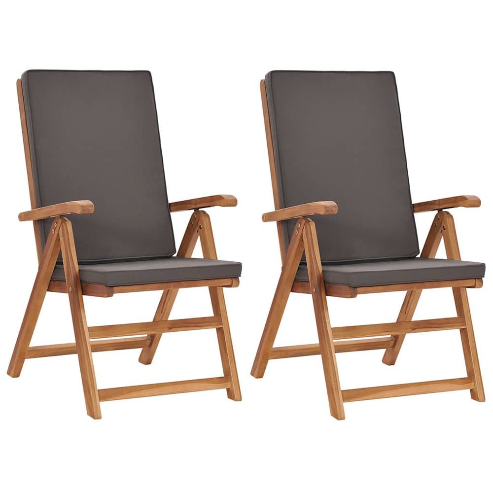 Fauteuils pliants inclinables avec coussins, 2 pièces, en teck massif gris