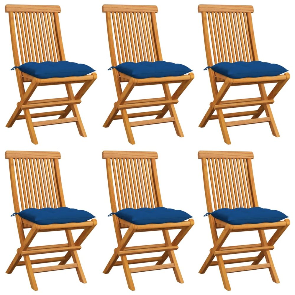 Chaises pliantes avec coussins bleus, 6 pièces, en teck massif
