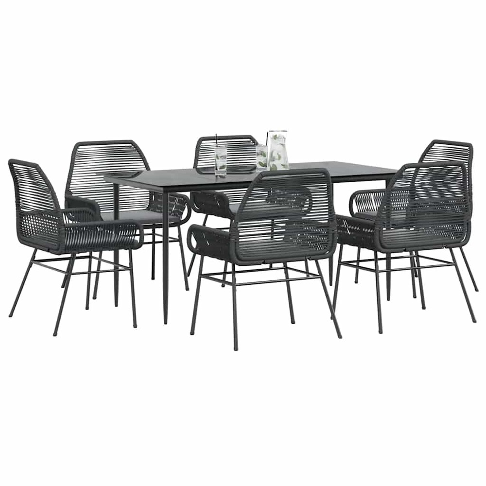 Ensemble à manger de jardin coussins 7pcs noir poly rotin verre