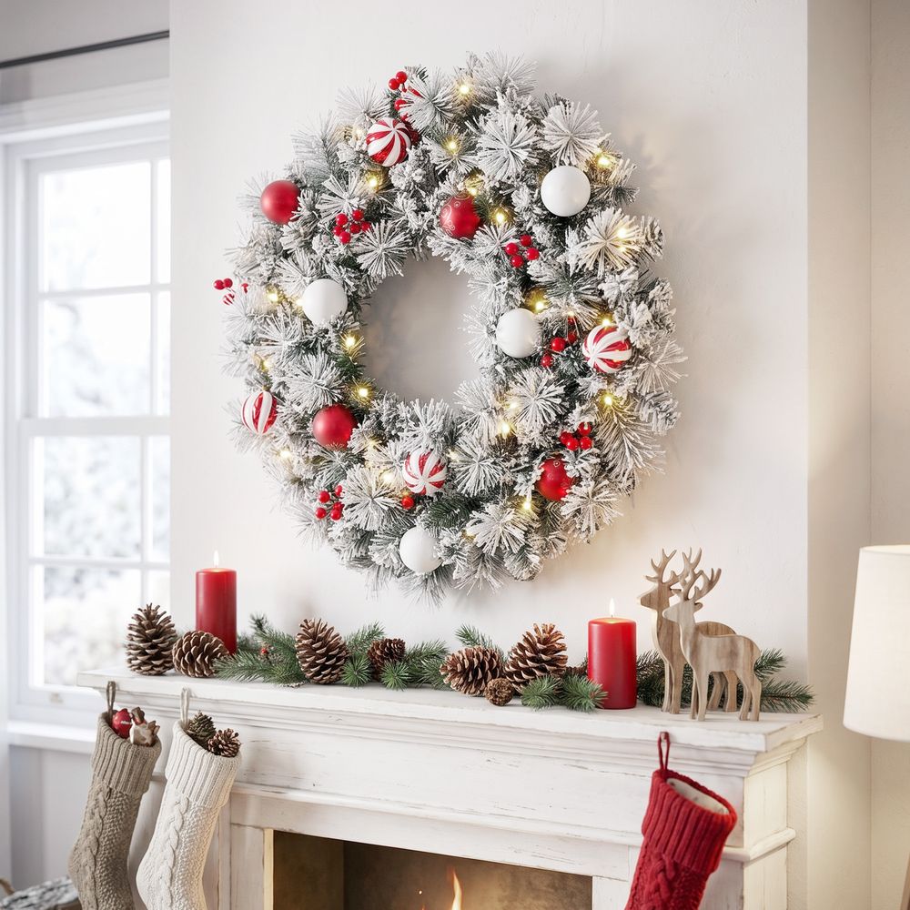 Couronne de noël lumineuse en pvc et acier vert 60 cm