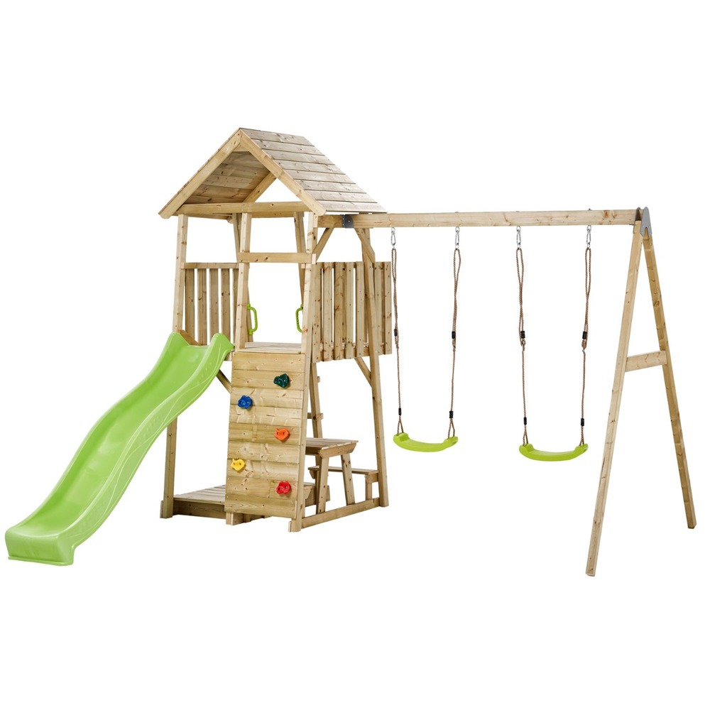 Aire de jeux bois, 2 balançoires, toboggan, escalade, bac à sable woodi