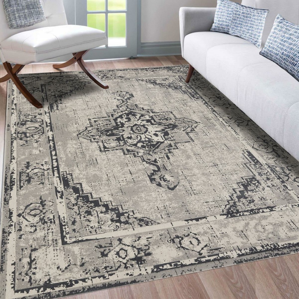 Tapis oriental 200x290 rectangle gris tissé motif ancestral nitou 5