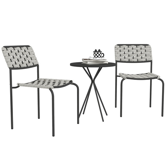 Salon de jardin polyrotin 3 pièces : 2 fauteuils + table, pour balcon, gris, résistant aux intempéries