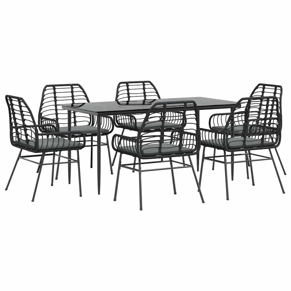 Ensemble à manger de jardin coussins 7pcs noir poly rotin verre