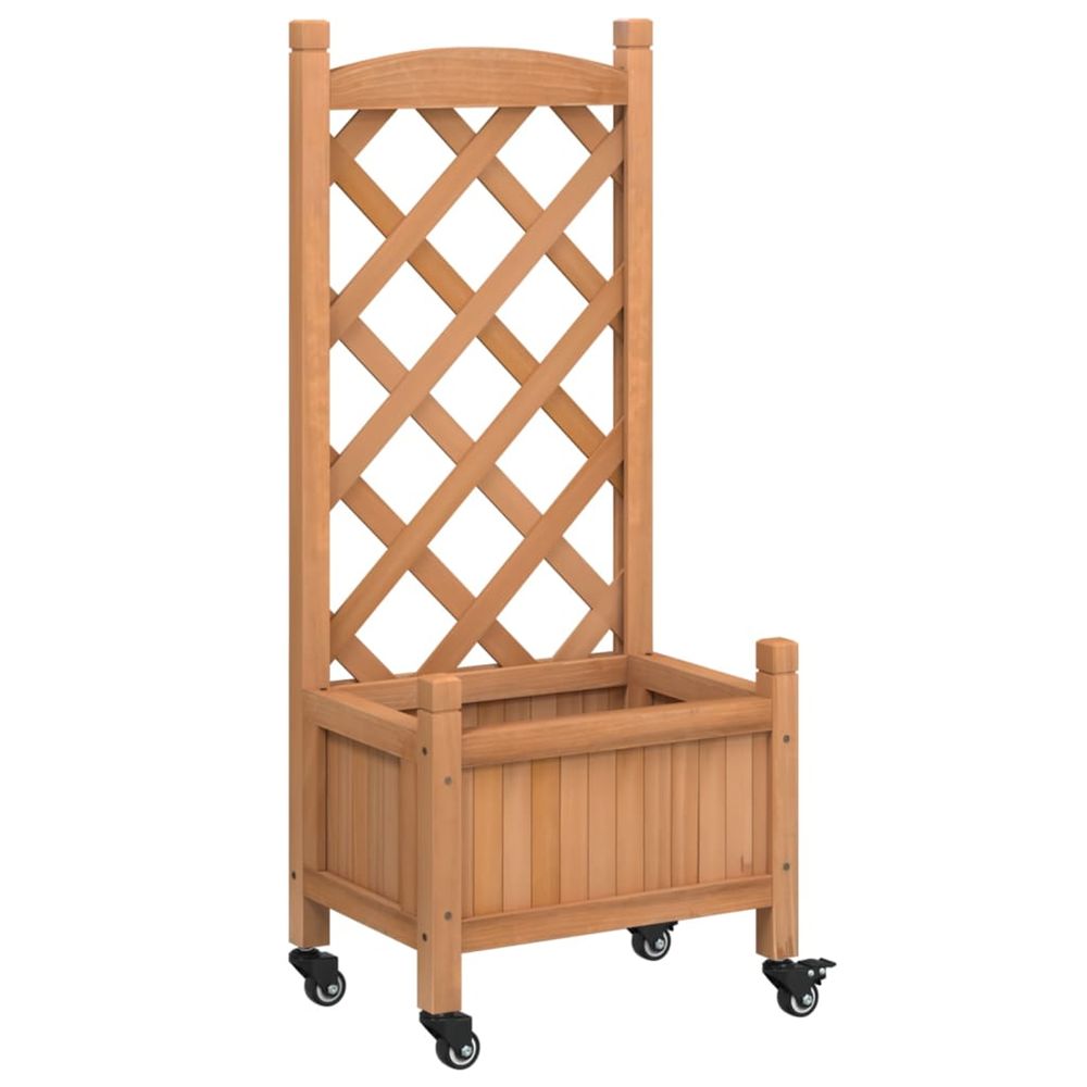 Jardinière d'extérieur avec treillis et roues marron bois massif de sapin