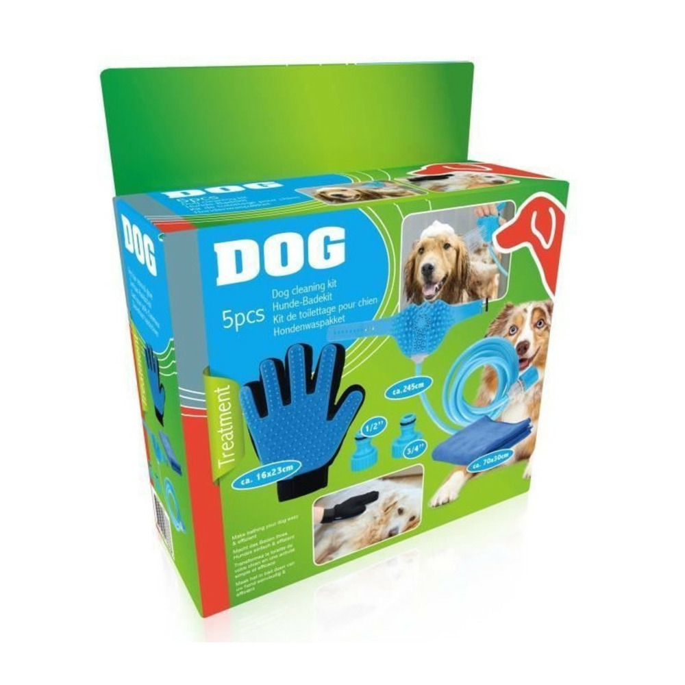 Kit de toilettage 5 pieces - tuyau 250 cm, 2 raccords, 1gant, 1 serviette - pour chien