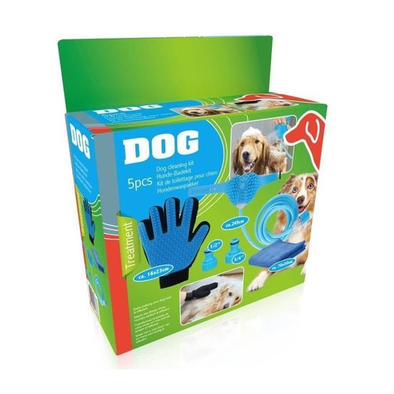 Kit de toilettage 5 pieces - tuyau 250 cm, 2 raccords, 1gant, 1 serviette - pour chien