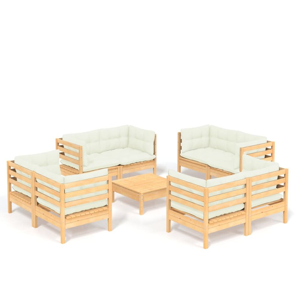 Salon de jardin 9 pcs avec coussins crème bois de pin