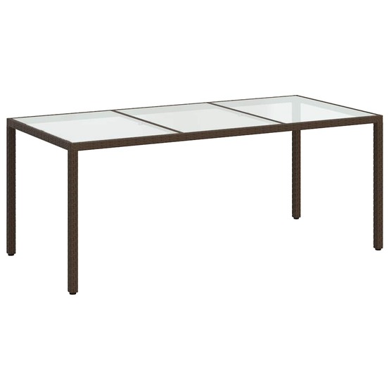 Table de jardin marron 190x90x75 cm verre trempé/résine tressée
