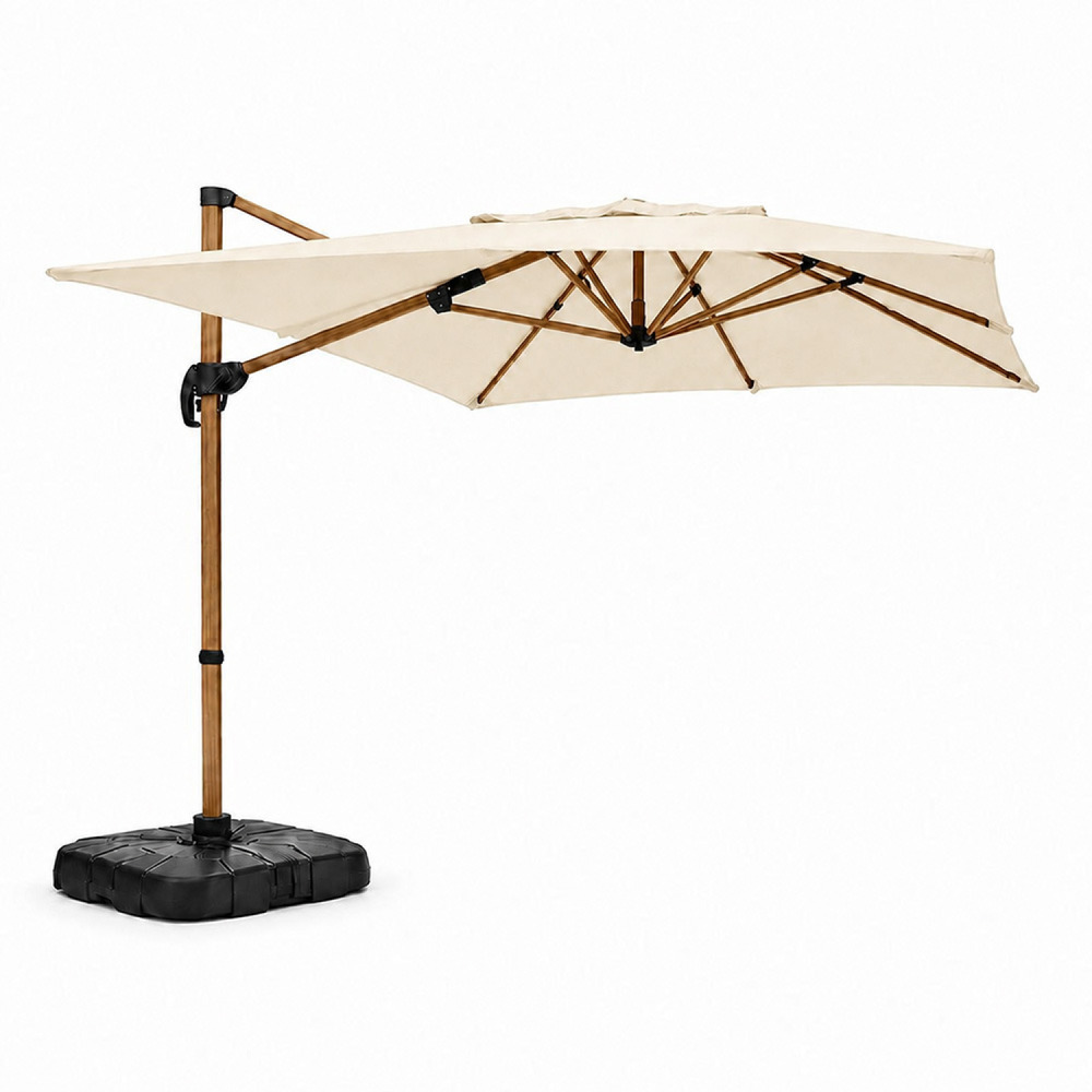 Parasol rectangulaire 2x3m déporté rotatif écru structure effet bois piana