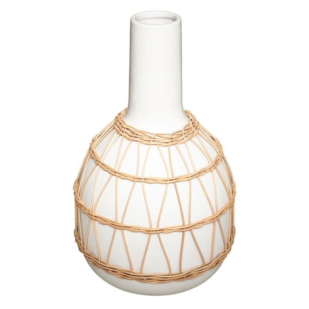 Vase - céramique et rotin - blanc - h28 - 5 cm
