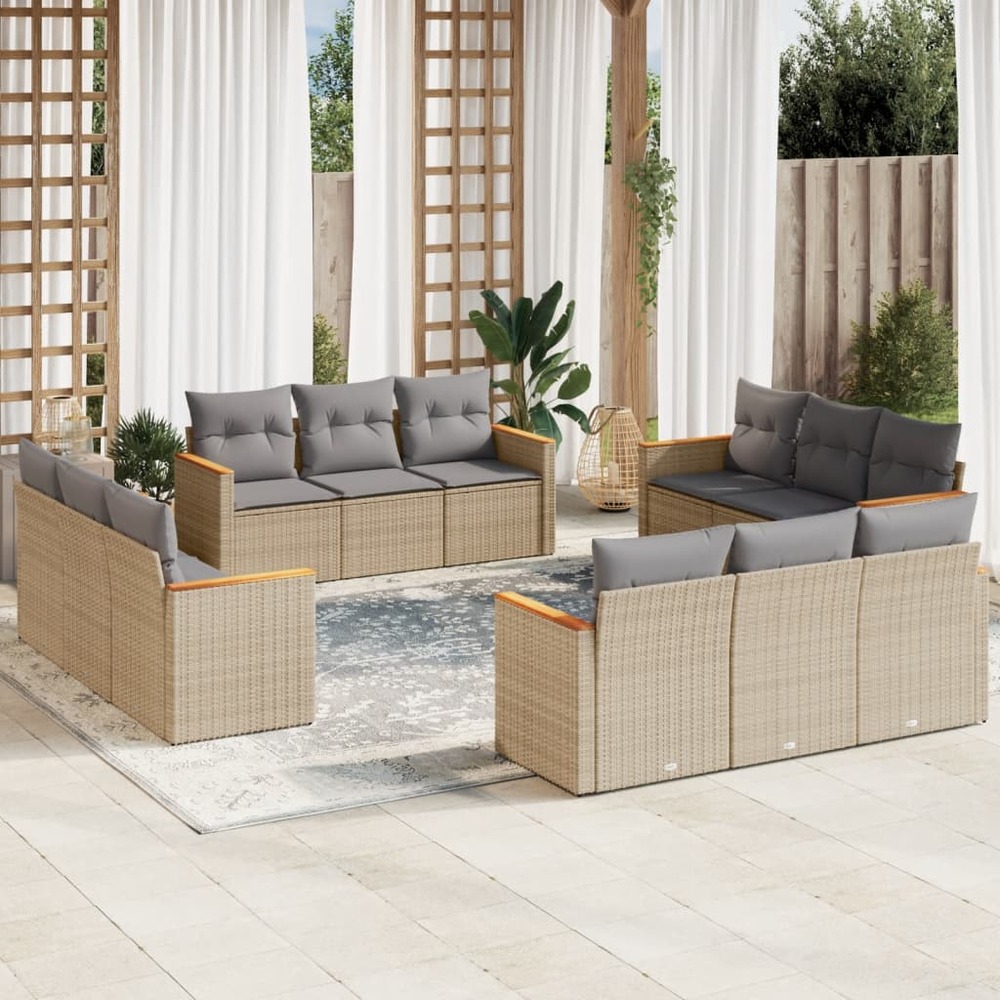 Salon de jardin et coussins 12 pcs mélange beige résine tressée