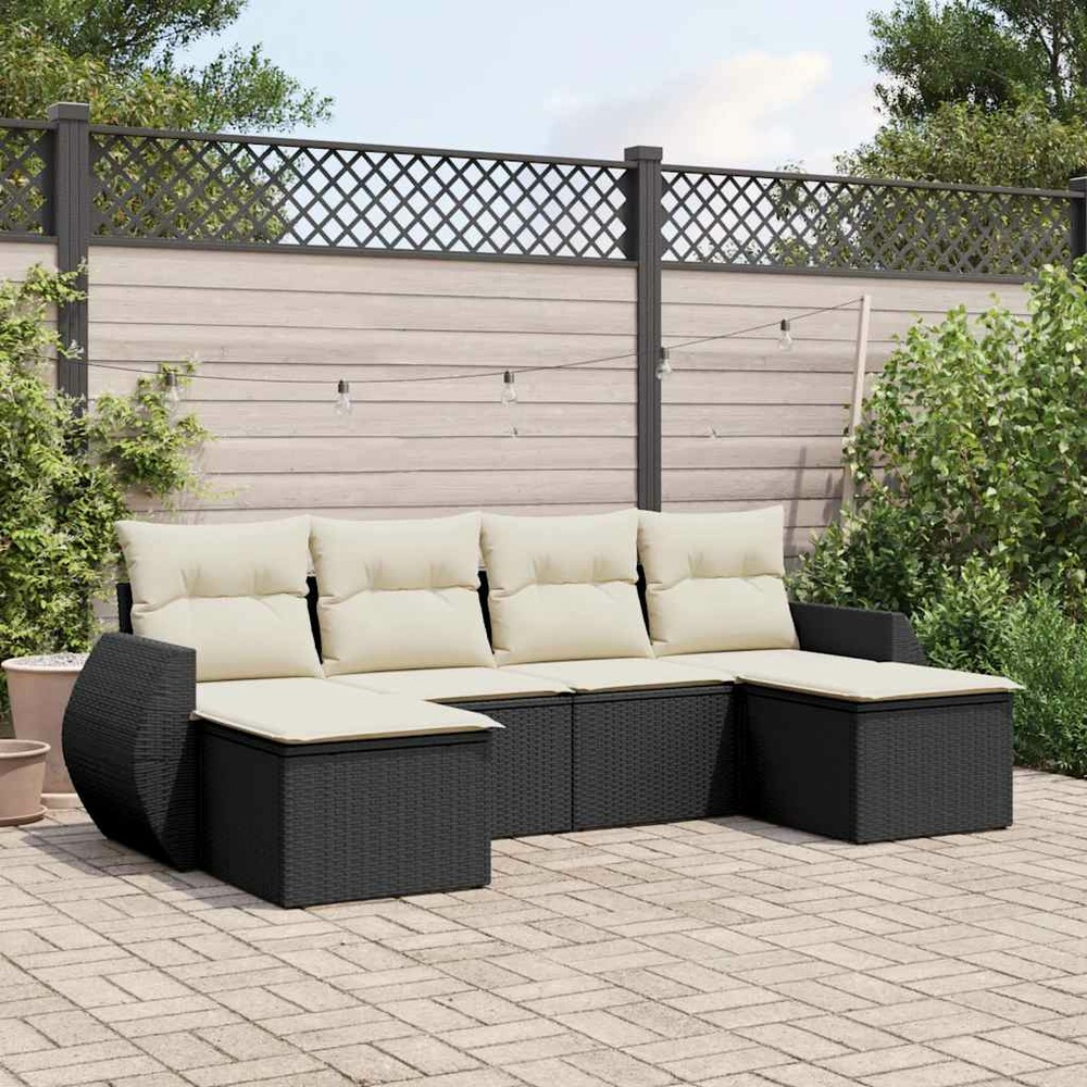 Salon de jardin 6 pcs avec coussins noir résine tressée