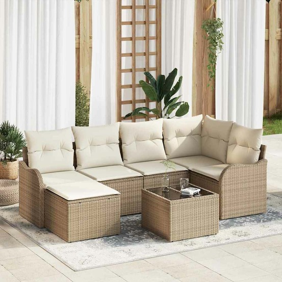 Ensemble de canapé de jardin 7 pcs beige et blanc poly rotin