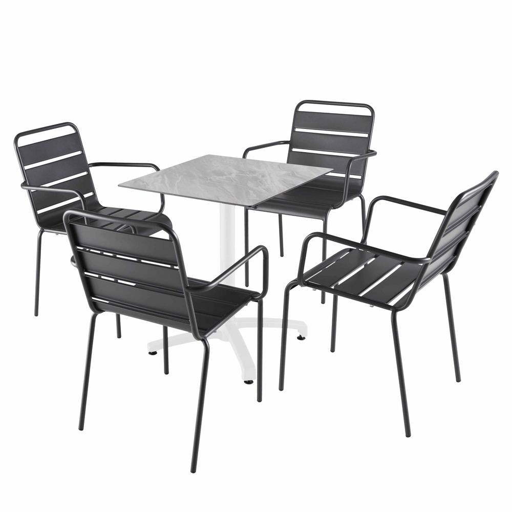 Ensemble table 60 cm marbre et 4 chaises en métal gris