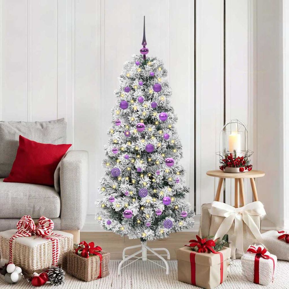 Sapin de noël artificiel 150 cm montage facile, kit décoré avec lumières et 61 boules