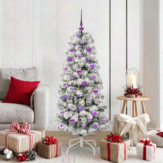 Sapin de noël artificiel 150 cm montage facile, kit décoré avec lumières et 61 boules