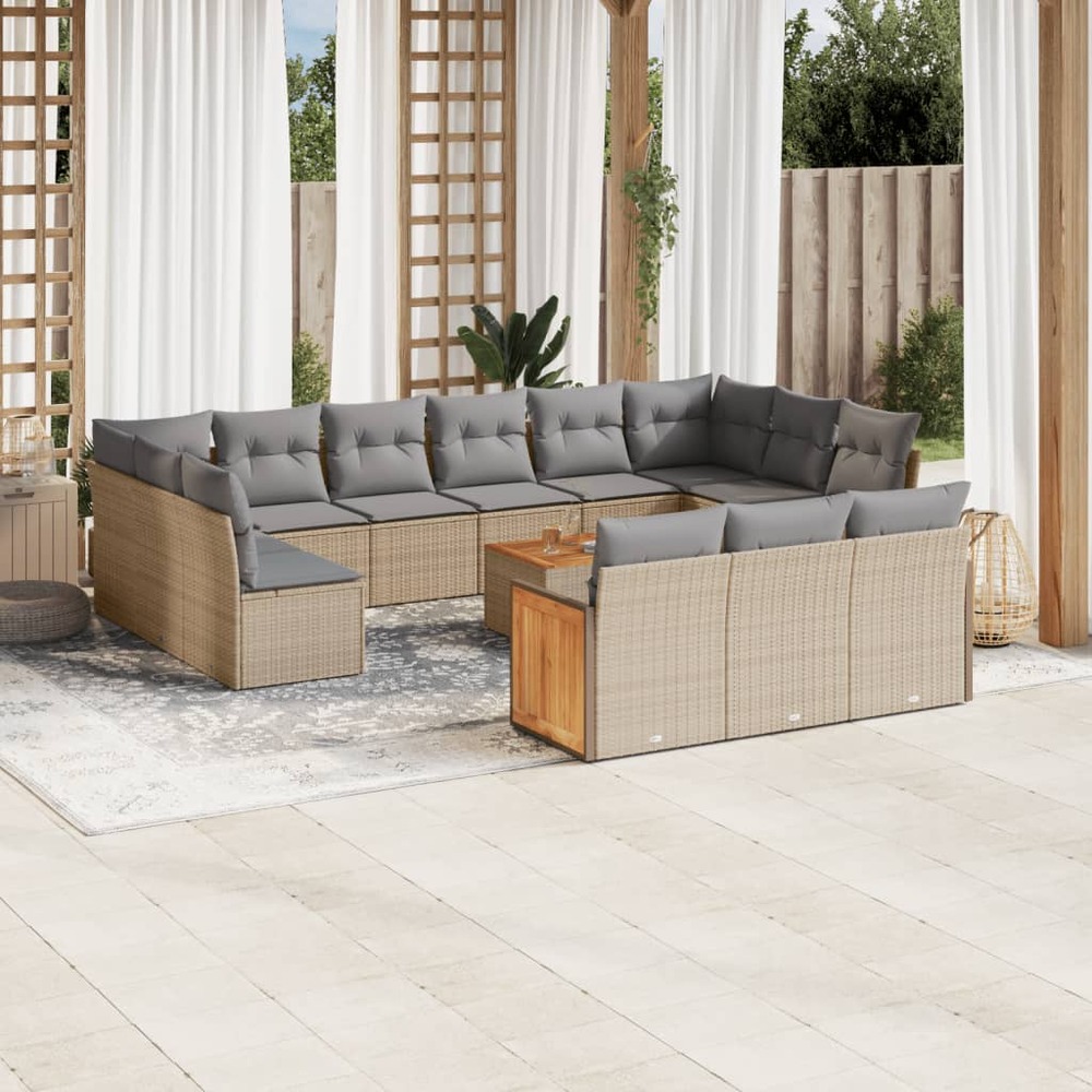 Salon de jardin avec coussins 14 pcs beige résine tressée