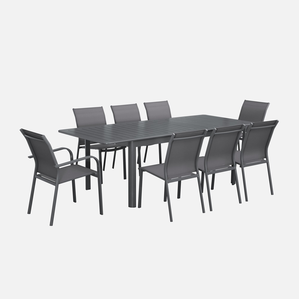 Table de jardin extensible aluminium et textilène, 6 chaises, 2 fauteuils, 8 places, 236,5 x 100 x 75 cm