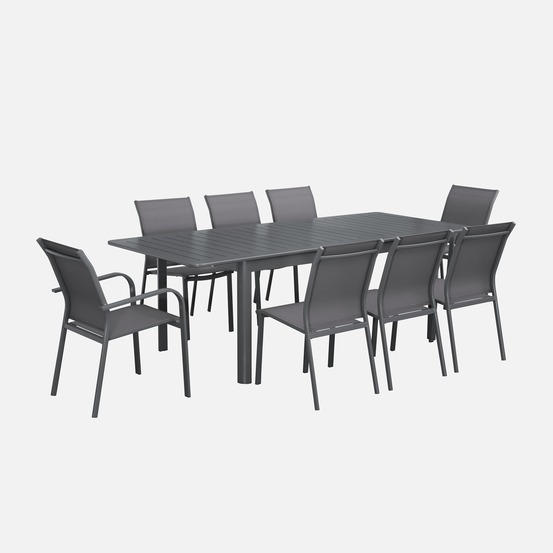 Table de jardin extensible aluminium et textilène, 6 chaises, 2 fauteuils, 8 places, 236,5 x 100 x 75 cm