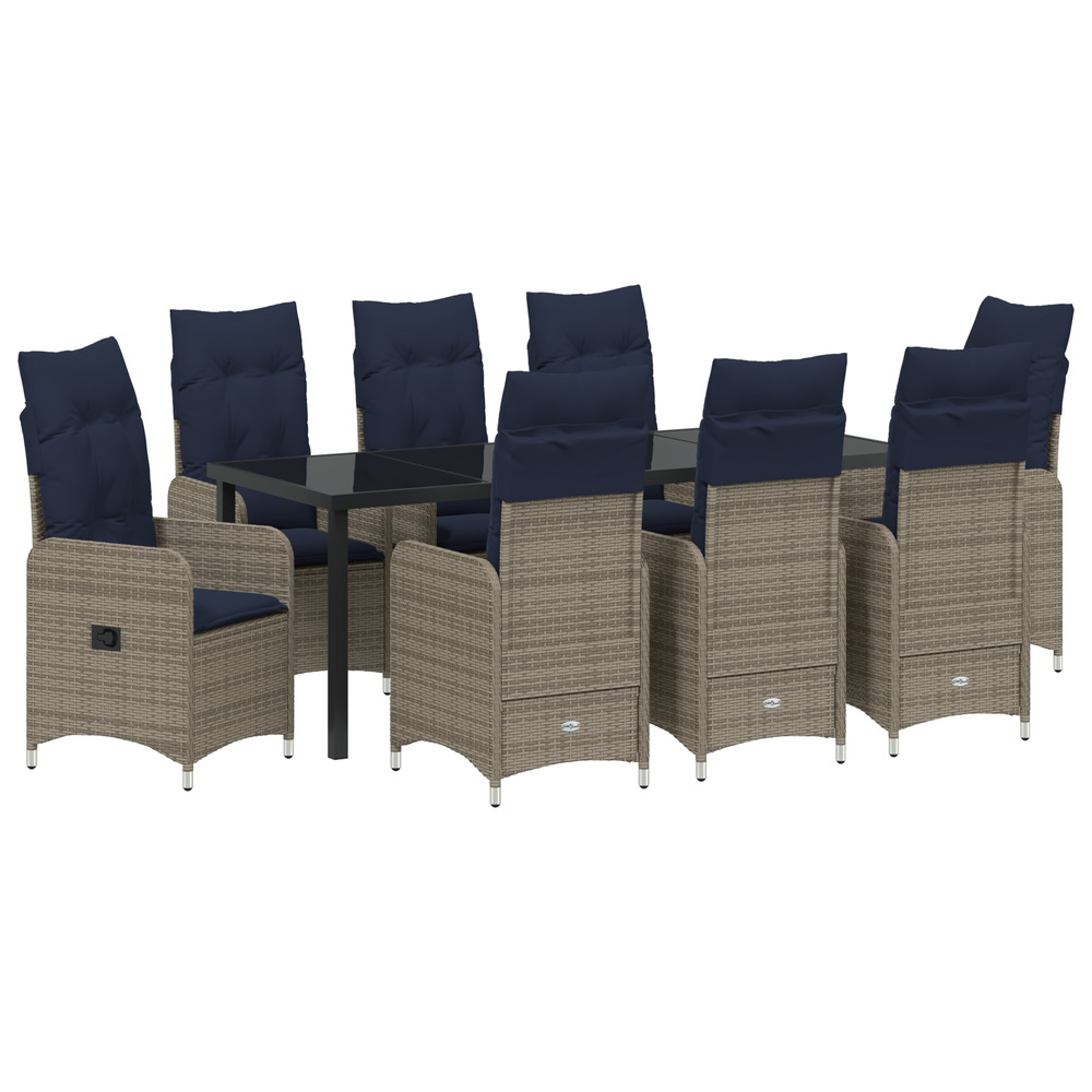 Set de salle à manger de jardin de 9 pièces avec coussins noir rattan poly