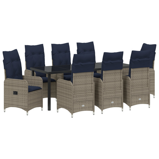Set de salle à manger de jardin de 9 pièces avec coussins noir rattan poly
