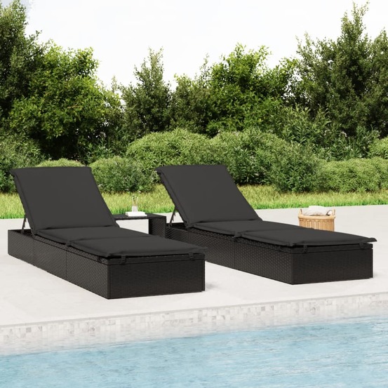 Transats 2 pcs avec table noir résine tressée