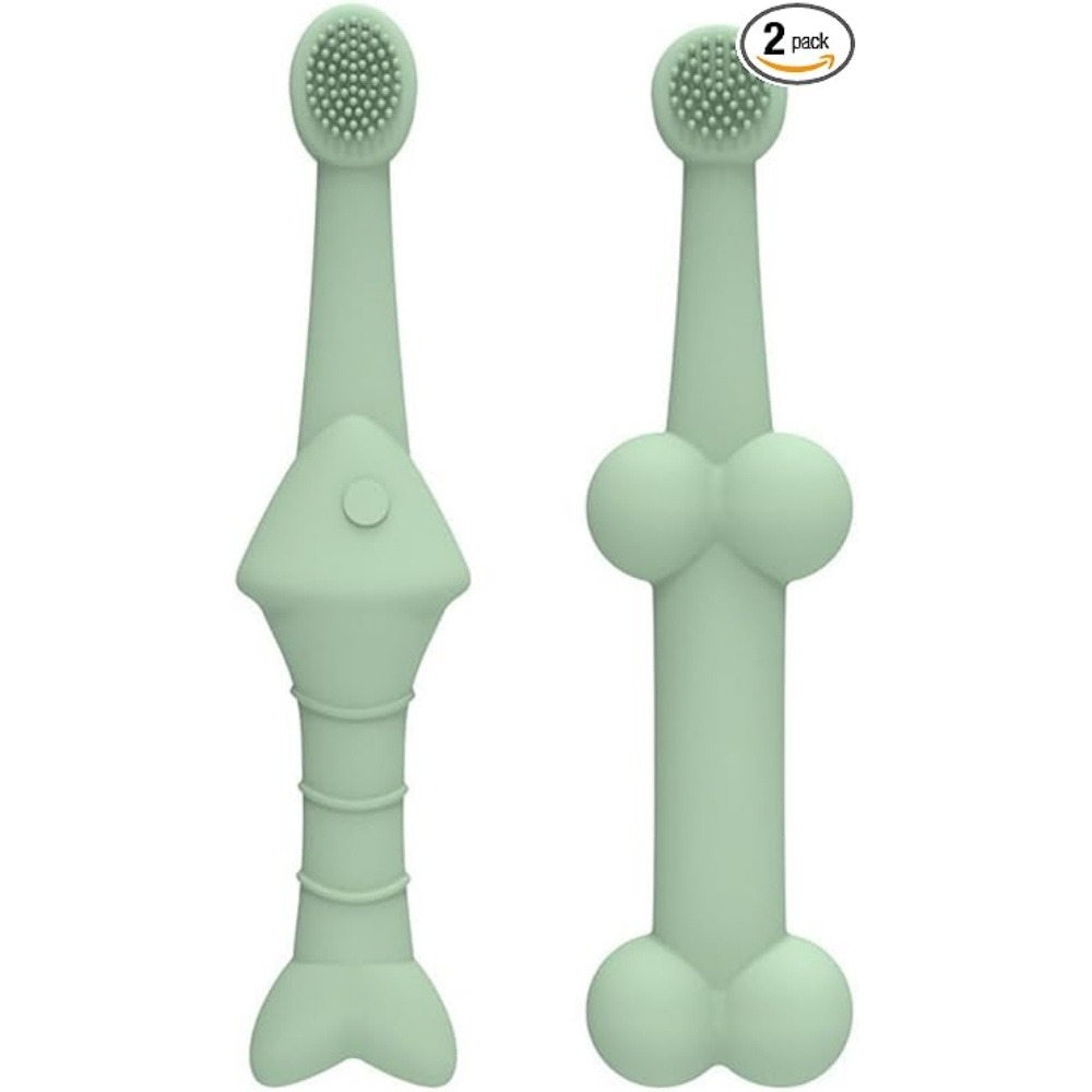 Lot de 2 brosses à dents silicone poisson os vert pour chiens et chats
