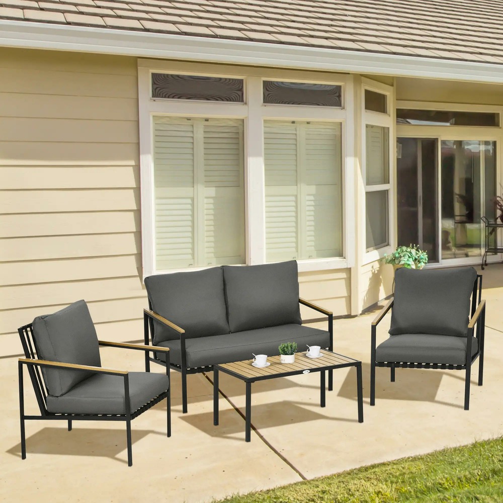 Ensemble salon de jardin 4 pièces 4 personnes avec canapé 2 places fauteuils et table basse 8 coussins noir gris foncé
