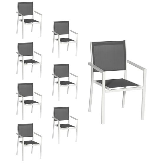 Lot de 8 chaises en aluminium blanc - textilène gris