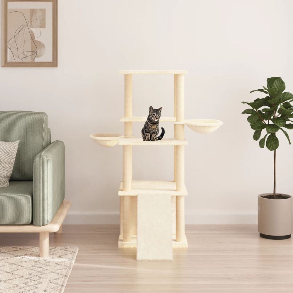 Arbre à chat 133 cm sisal peluche avec niche 2 paniers et échelle crème