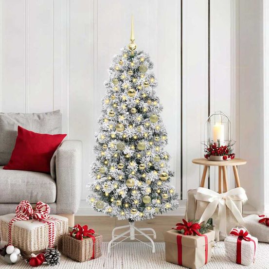 Sapin artificiel lumineux 150 cm, bicolore vert et blanc, kit complet avec 61 décorations