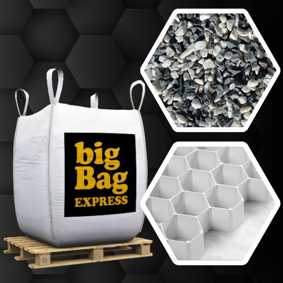 Pack gravier multicolore sombre de marbre ø 8/16 mm + plaques alvéolaires 75m², big bag de 0,75m³ (+/- 1t/bag) - livraison premium