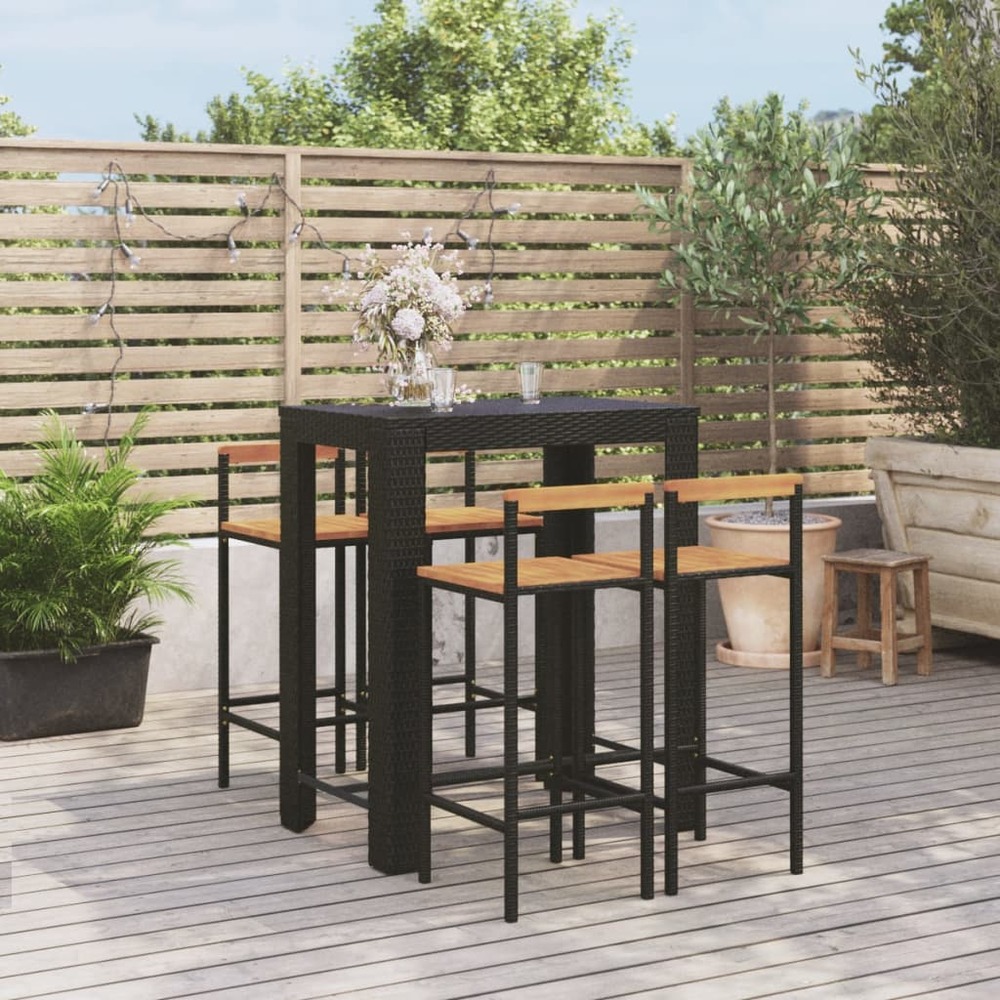 Ensemble de bar jardin 5 pcs noir poly rotin/bois massif acacia