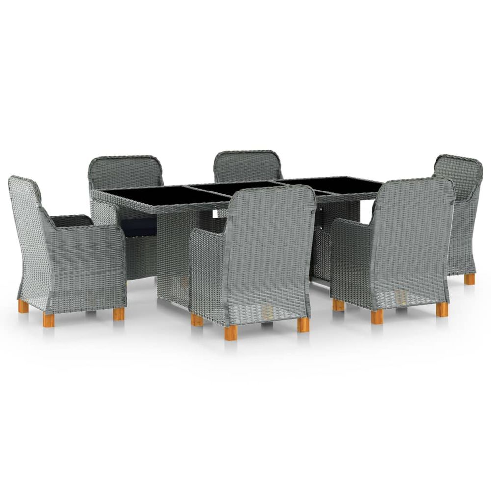Ensemble à manger d'extérieur et coussins 7 pcs résine tressée