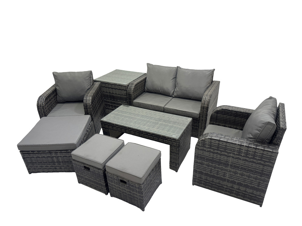 7 places ensemble de meubles de jardin en polyrotin avec table basse rectangulaire canapé d'amour table d'appoint 3 tabourets
